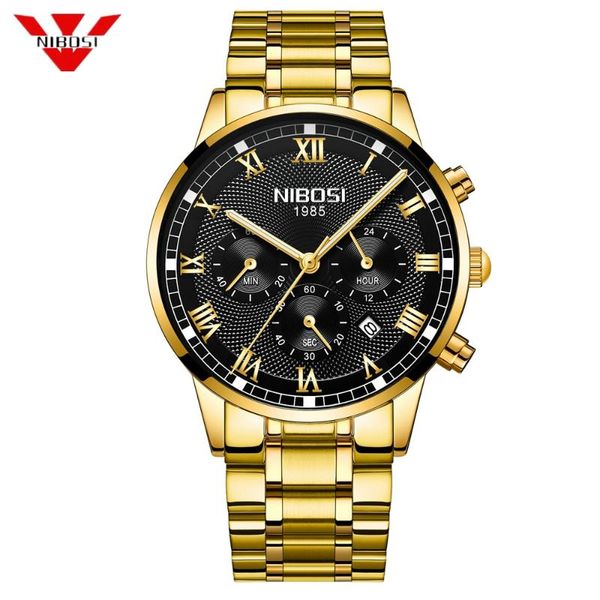 

nibosi men watch quartz date stainless steel waterproof watches men gold men's wrist watch man relogio masculino, Slivery;brown