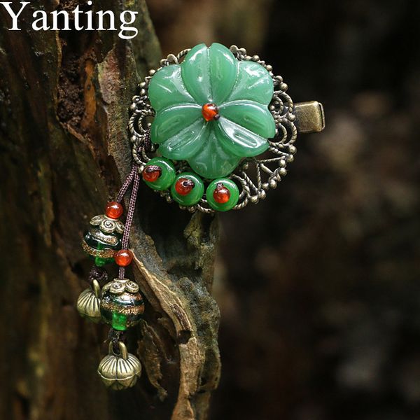 

yanting vintage glass glazed flower claws for women ethnic copper alloy chinese style hair clip pin female hair jewelry 081, Golden;white