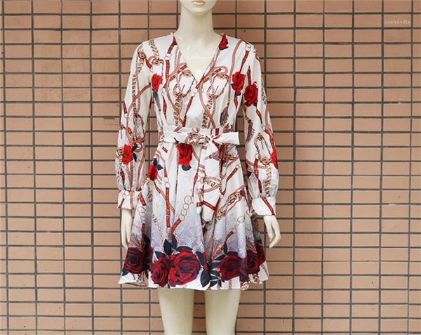 

flora printed women dresses with sashes women apparel autumn womens designer dresses v neck long sleeve, Black;gray
