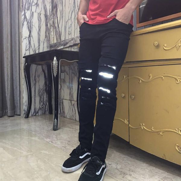 

fashion men's skinny stretch reflective jeans super stretch fit ripped jeans black street wind pants