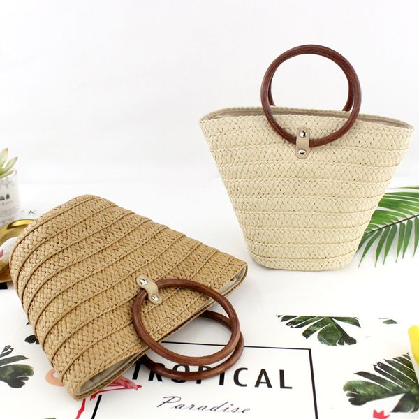 

new round handle straw bag bucket bag hand-woven casual beach