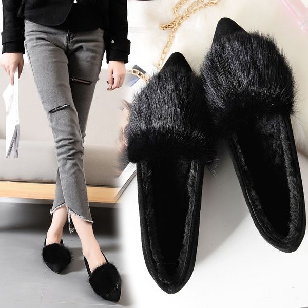 

genuine leather shoes woman soft-soled warm single shoes ballerina moccasins loafers winter fleece pointed flats, Black