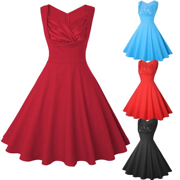 

new spring women's v-neck solid sleeveless vintage style retro rockabilly evening party swing dress slim temperament dresses, Black;gray