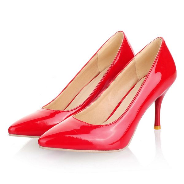 Olomm Hot Women Shiny Pumps Sexy Fino Salto Alto Pumps Dedo do Pé Pontudo Senhoras Preto Vermelho Nude Sapatos de Escritório Feminino Tamanho EUA 3-15