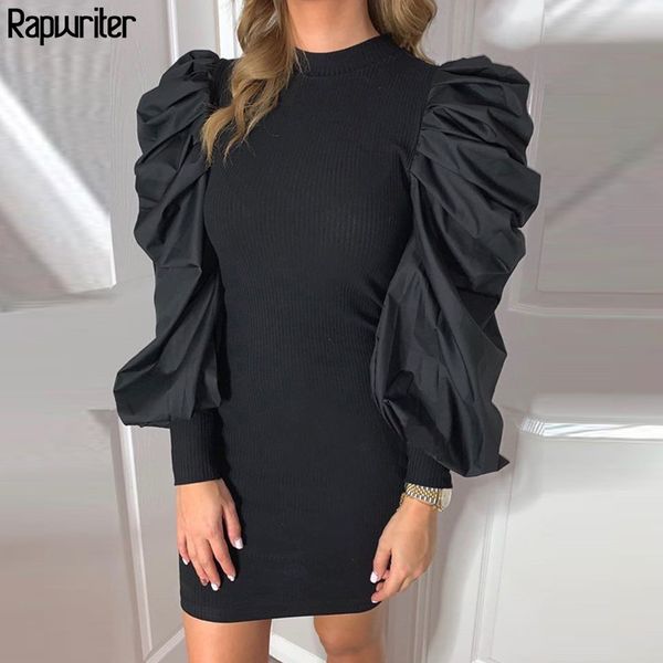 

rapwriter vintage long puff sleeve knitted dress women 2019 turtleneck stylish slim pencil black short dress vestidos autumn, Black;gray