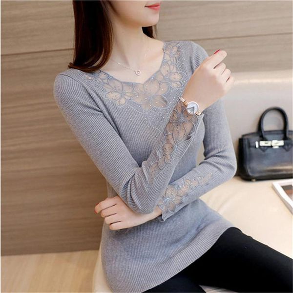 

korea fashion autumn winter solid pullovers sweaters women spring gray embroidery lace slim knitted sweater female, White;black