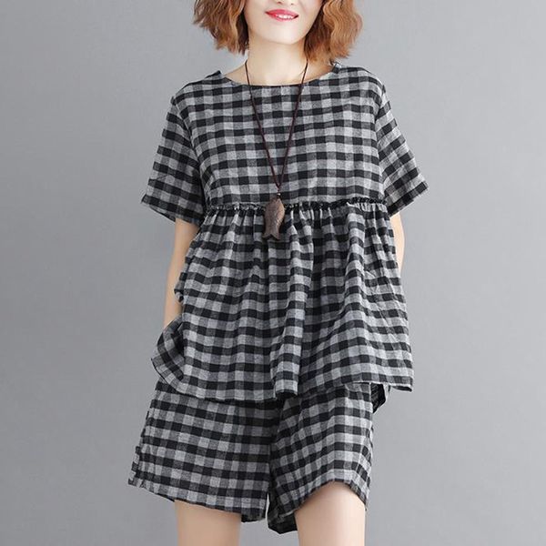 

women's casual loose grid 2pcs set ladies short sleeve round neck +wide leg shorts summer new plaid beach style, White