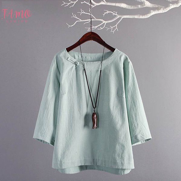 

плюс размер summer женщины vintage 3 4 рукава твердая блуза хлопок льняная рубашка женщины повседневная работа v шеи blusas мундир top femin, White