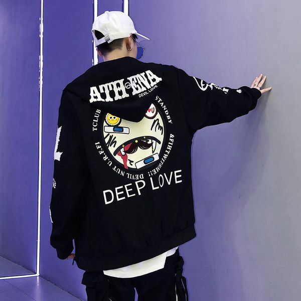 

men's jacket 2019 autumn new cartoon printing couple hooded regular fashion casual vitality personality men's clothing, Black;brown