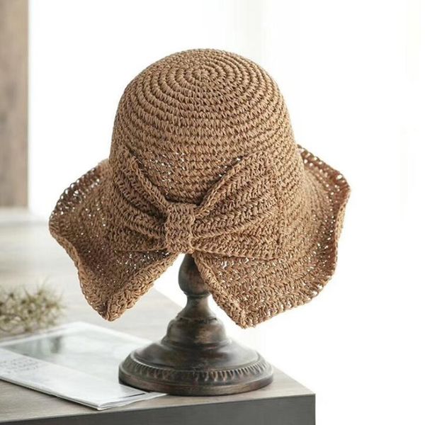 

floppy summer big brim hats for women beach panama straw dome bow bucket hat female gorras solid colors h3, Blue;gray