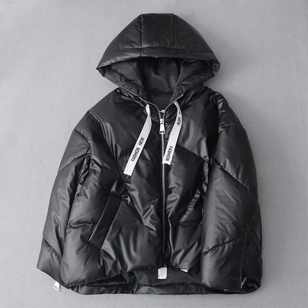 

2019 winter glossy hooded parka women's ribbons jackets large size winter warm thick parka loose coat women jacket dropshipping, Black