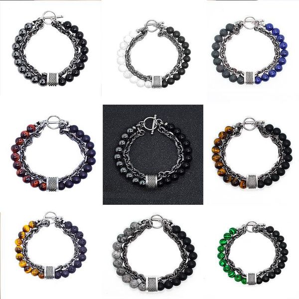 

tiger eye natural stone bracelet men's beads chain on hand stainless steel double layer bracelet male steampunk hip hop luxury, Black