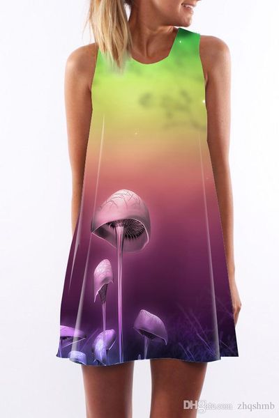 

женская молодежная мода популярная летняя безрукавная слинг женская леди платье с высокой талией грибной градиент печати повседневные сексуа, Black;gray