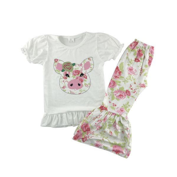 

sell children spring summer outfits pig pattern white shirt with ruffle pants boutique children clothing