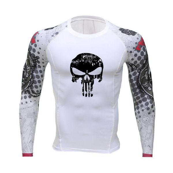 

skull pattern print t-shirt compression tights men's fitness running shirt breathable long sleeve sports rashgard gym jersey, Black;blue