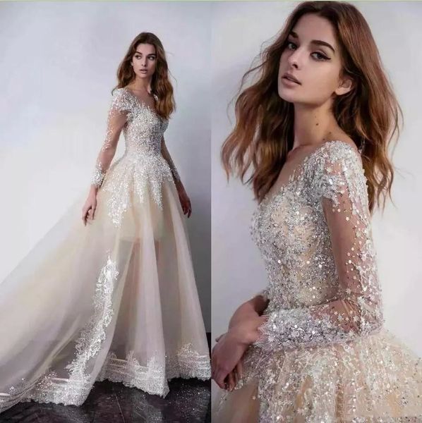 

champagne beaded crystals wedding dresses 2019 tulle long sleeve sheer neck sequined bridal wedding gowns appliqued overskirt abiti da sposa, White