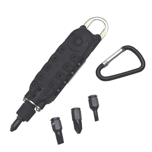 

mini black pocket driver with hex screwdriver led light carabiner outdoor sports camping self defense tools tactical kits hr