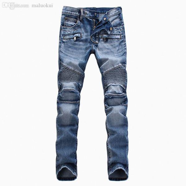 

wholesale-2016 fashion moto men's denim jeans pants draped pleated ruched men biker jeans pants man sweatwear pants plus size 38, Blue