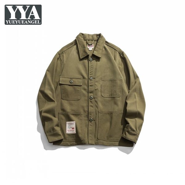 

mens japanese streetwear vintage pocket cargo jackets casual loose windbreakers spring male long sleeve cotton overalls jacket, Black;brown