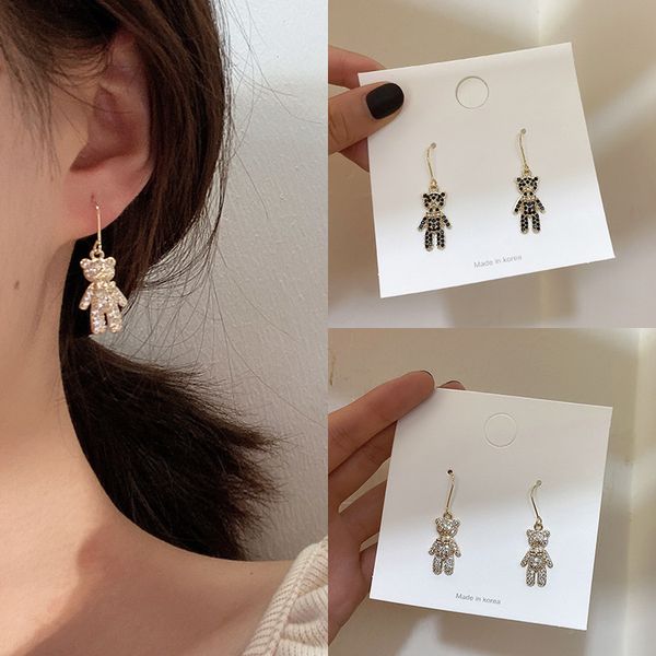 

2019 fashion cute micro-inlaid zircon bear drop earrings for women silver black color dangle earring pendant party gifts jewelry