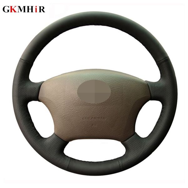 

diy hand-stitched black genuine leather car steering wheel cover for land cruiser prado 120
