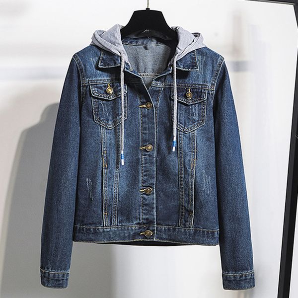 

patchwork female jacket hooded denim female jacket holes jeans long sleeve feminine coat casual women's flax jackets, Black