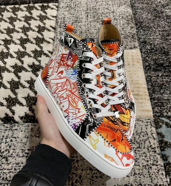 

italy handmade red bottom sneakers men shoes rantus orlato flat wallgraf high trainers printed-patent leather upper walking trainers, Black