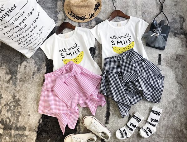

2018 new summer item girl fashion suit including print t-shirt+plaid skirt 2pcs per set, White