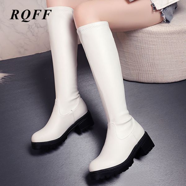 

new autumn winter knee-high boots women 2019 plus size 42 43 44 square fashion high heel shoes woman platform stretch pu leather, Black