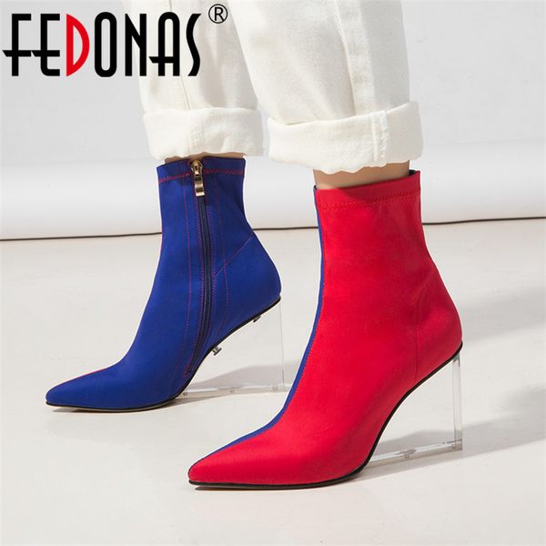 

fedonas fashion patchwork stretch fabric women ankle boots long short boots 2020 spring autumn party night club shoes woman, Black