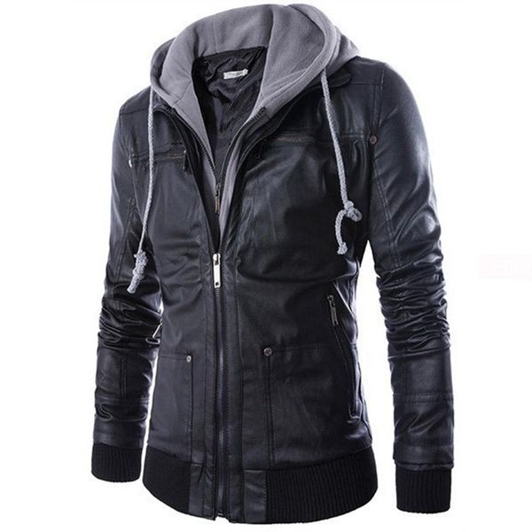 

men's jackets 2021 autumn winter men jacket motorcycle hoodie faux 2-pieces pu leather multi zippers slim coat overcoat male black, Black;brown