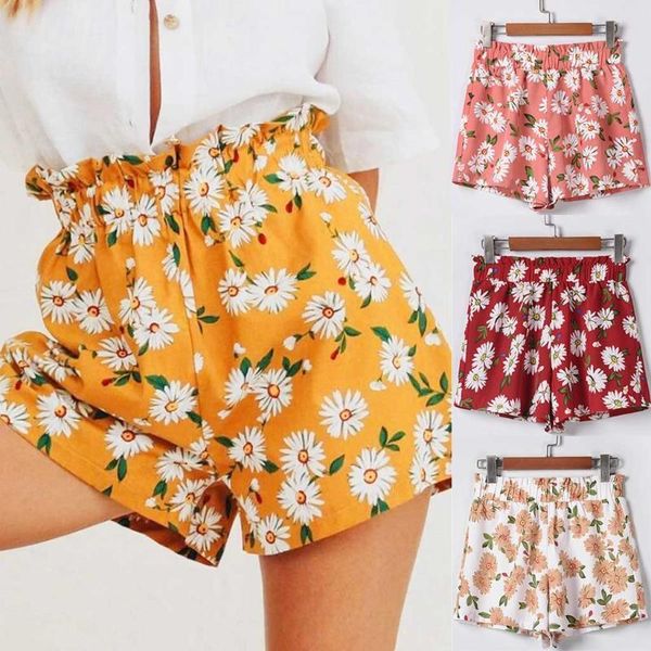 

fashion women ladies high waist sunflower printed short summer casual loose elastic waist outdoor home shorts plus size#p3, White;black