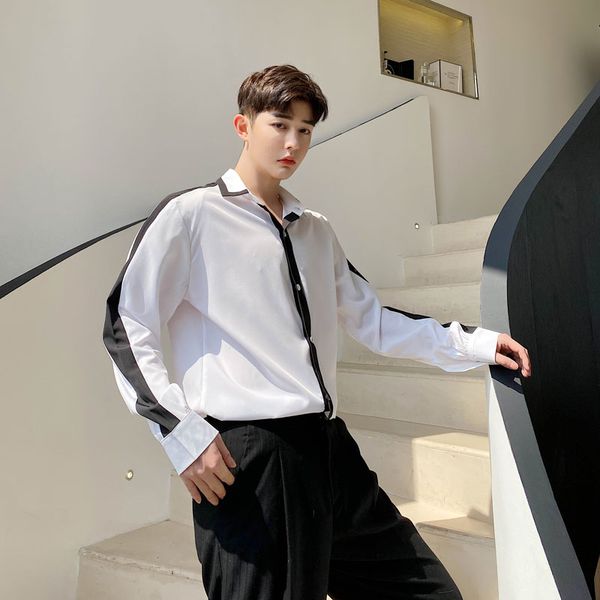 

new male streetstyle retro fashion dress shirts men white black splice casual long sleeve shirt