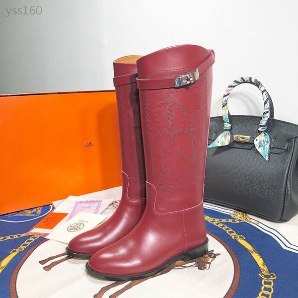 

2019 autumn and winter new women's calfskin boots flat bottom with and knees luxurious high boots martin women's boots, Black