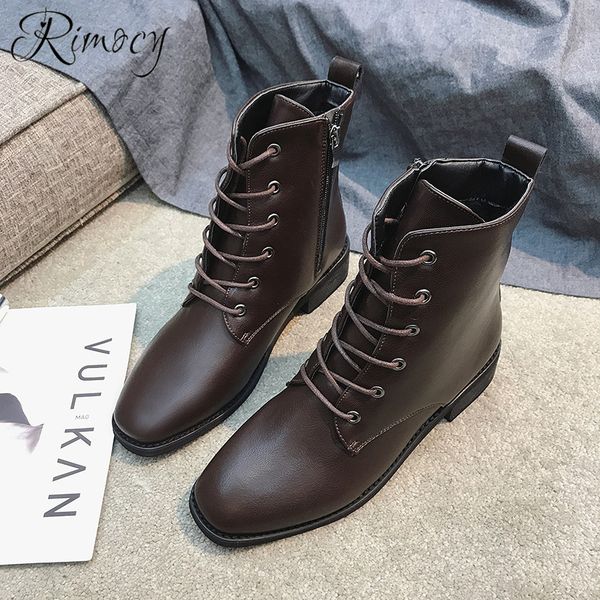 

rimocy 2019 fashion square toe botines mujer comfortable low heels short boots plush liner botas lace up pu shoes woman booties, Black