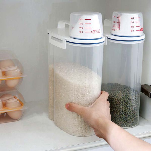 

2l kitchen grain storage box container sealed pour spout rice bean cereal dispenser kitchen food storage box with measuring cup 2pcs