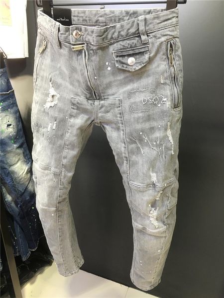 

20s european mens zipper bird slim-leg dd-jeans ripped jeans streetwear holes patchwork stretch denim pants skinny pencil italy size w44-w54, Blue