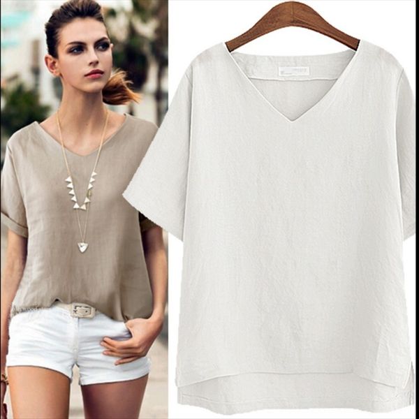 

v-образный вырез хлопок и лен свободный тонкая большого размера вскользь основа рубашка хлопка лето льняных женщины короткого рукав футболка, White