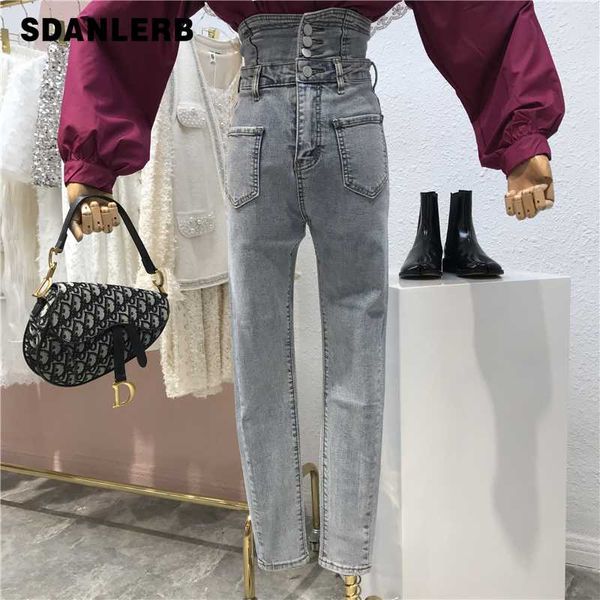 

2020 spring new-style personality single-breasted high-waist pockets slim-fit pencil pants stretch jeans pencil jeans women jean, Blue