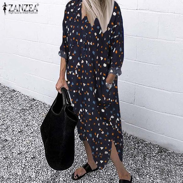 

casual dresses 2021 autumn fashion print sundress zanzea party long shirt dress women lapel sleeve split vestido female robe s 5xl, Black;gray