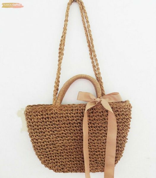 

fashion shoulder bag womens straw bag bohemian beach tote bag hand knitted bow knitting rattan