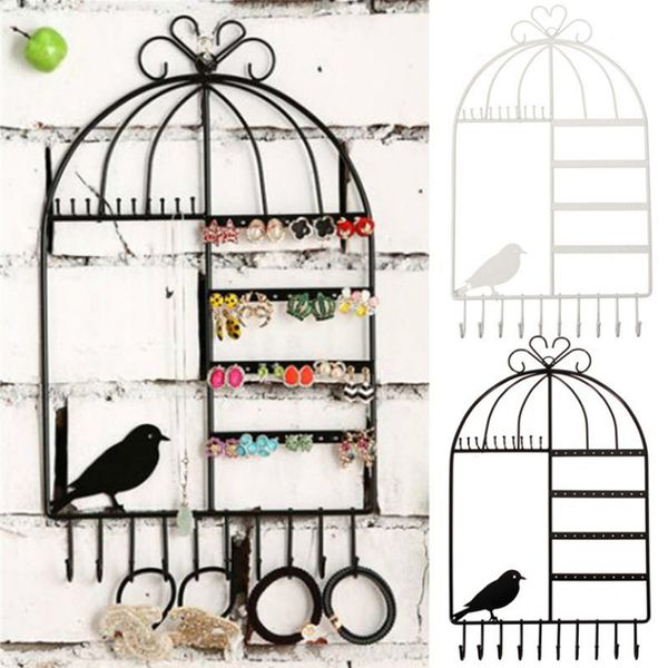 

creative wall hanging iron bird cage jewelry frame stud earrings necklace bracelet jewelry display stand, Pink;blue