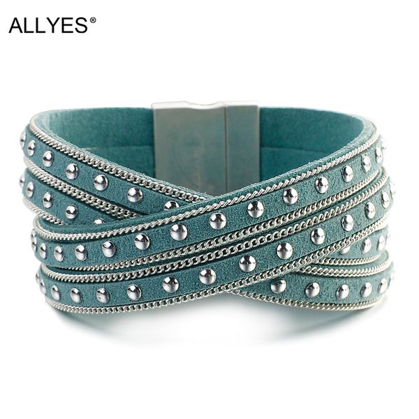 

allyes multilayer rivets charm chain leather bracelets for women cross twist wide wrap bracelet female fashion jewelry, Golden;silver