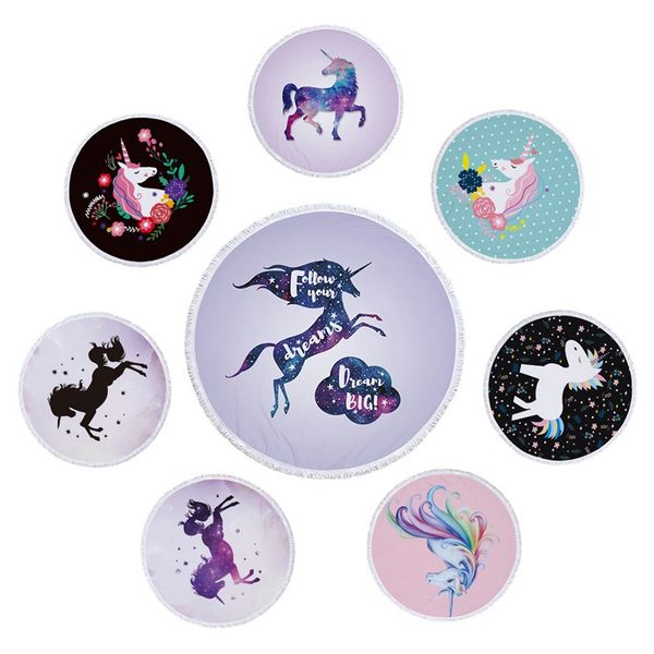 

printed large round beach towel pink cute unicorn microfiber beach towel thick terry cloth tassels blanket bath towels mat playa