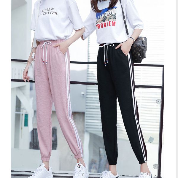 

мода повседневная sweatpants брюки побочное нашивки женщины сыпучие эластичный пояс sportswear женские брюки new bottoms 2019, Black;white