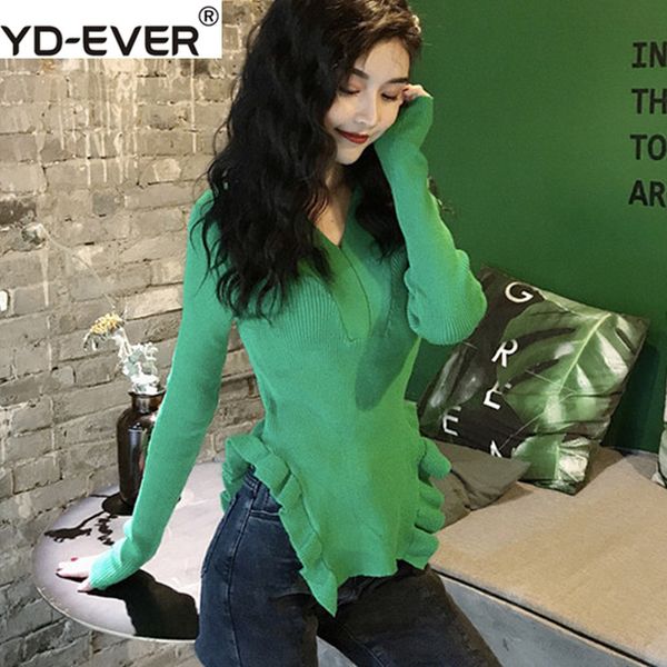 

рюшами нерегулярные v-образным вырезом женский свитер 2019 весна осень тонкий сексуальный sueter mujer твердые трикотажные женский шикарный, White;black