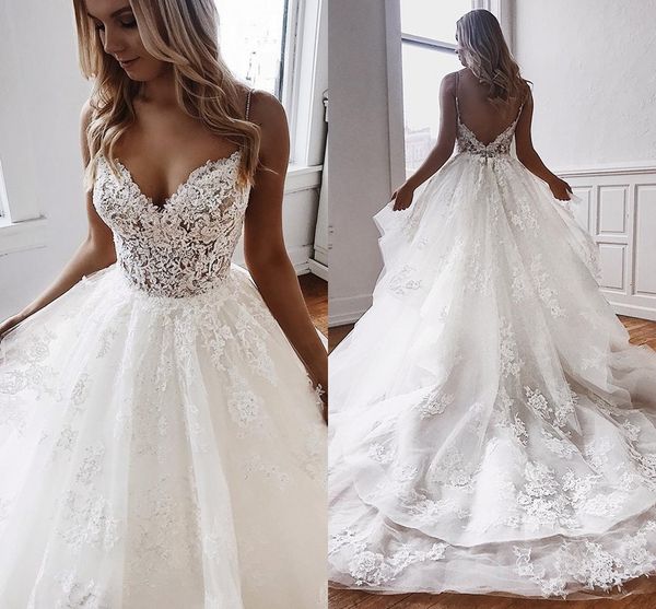 

mavelous white lace ball gown wedding dresses spaghetti strap illusion bodice appliqued bridal gowns with ruffles train