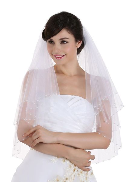 

new luxurious white ivory champagne red pink black purple bridal veil two-layer beaded edge hip length wedding veil