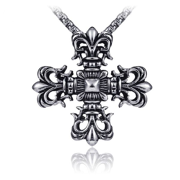 

european and american retro style titanium steel cross pendant street hip hop rock stainless steel men's necklace 9-x00107, Silver