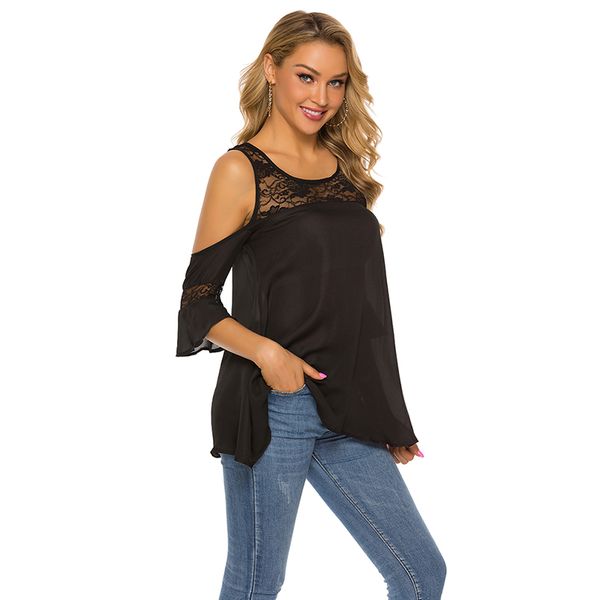 

women 2020 summer casual off shoulder lace patchwork shirt bell short sleeve solid o-neck loose, White